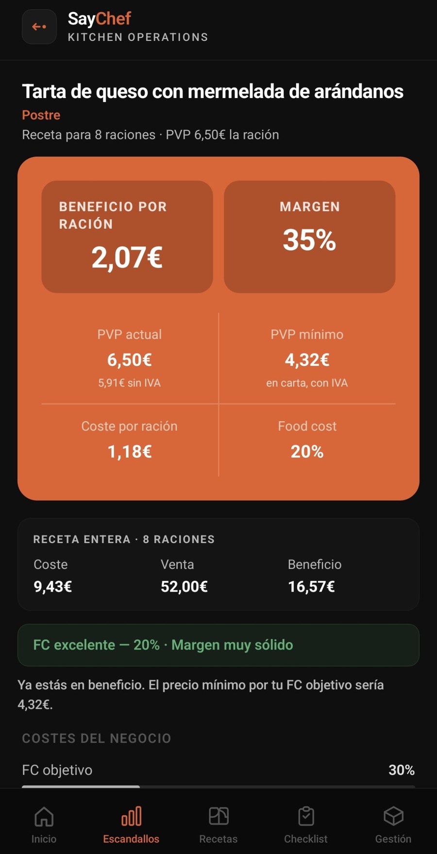 Escandallo por ración y receta entera en SayChef